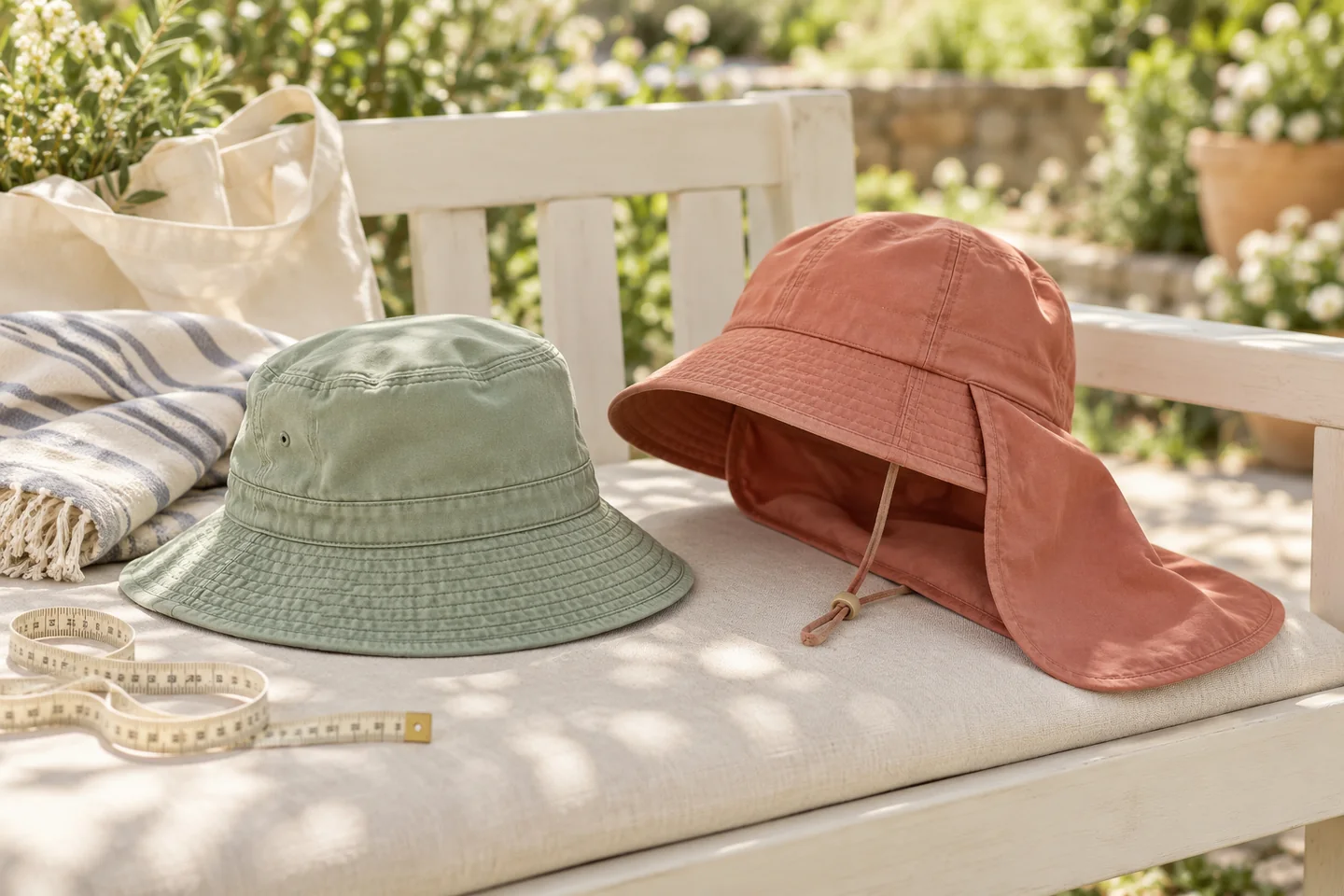 AI-generated unbranded sun hat concept scene; no real product or wear test is shown