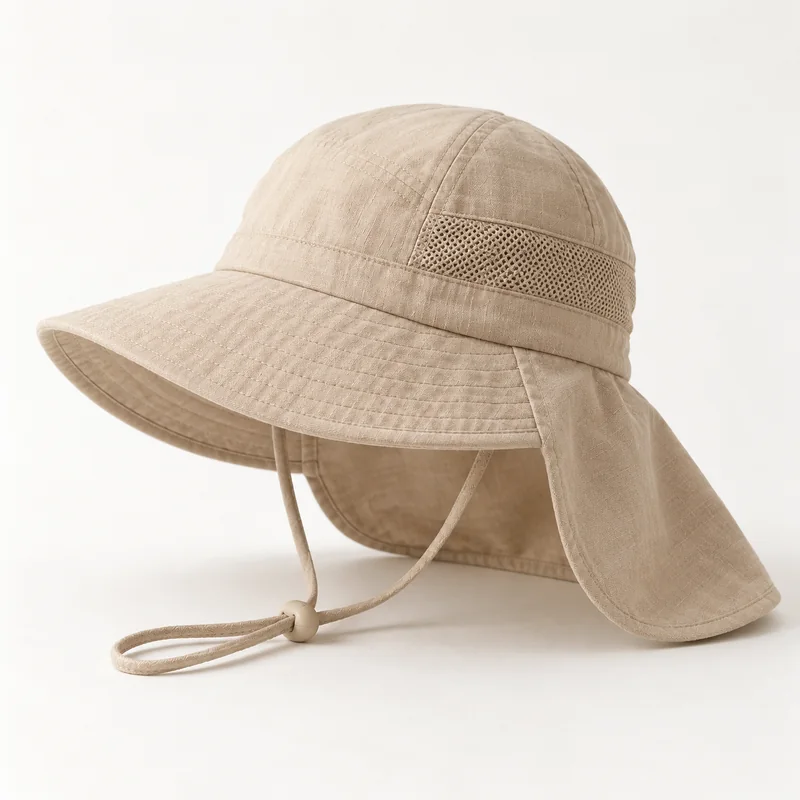AI-generated unbranded neck cape concept; not the actual Kids’ Play Hat